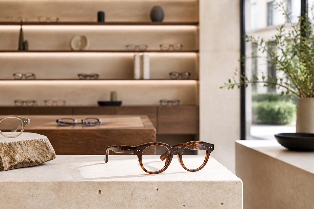Montures exposées dans une boutique d’optique contemporaine